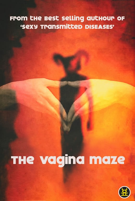 Book cover. Title: The vagina maze. Heat haze, horned devil in silhouette. Symbolic  hand gesture.