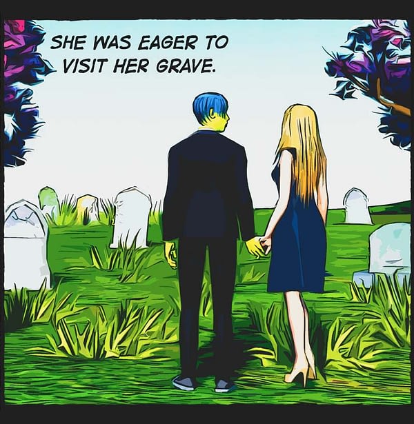comic panel. man, woman, holding hands. Cemetery, headstones
