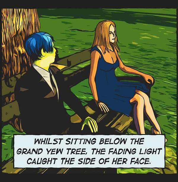 comic panel. man, woman sitting park bench.