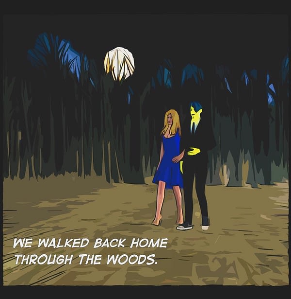 comic panel. man, woman walking, night, dark woods, full moon.