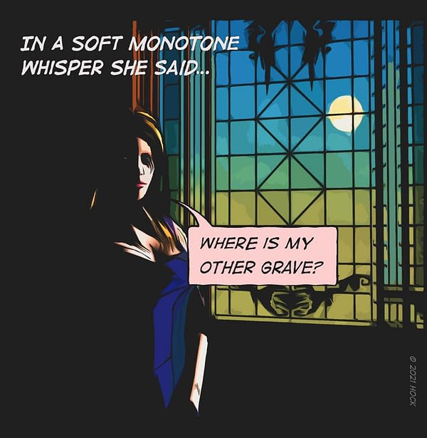 Comic panel. Woman, blue dress. Gothic window, moon, shadows.