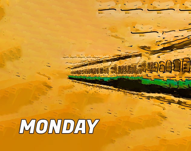 long train pulling into station - title: 'MONDAY'