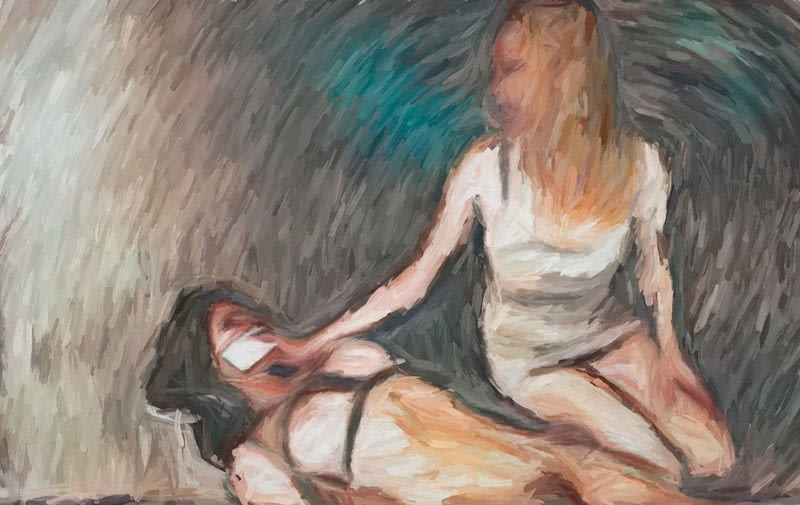 Impressionist painting - female gagging woman in bondages.